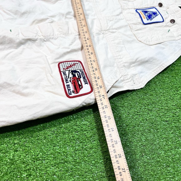 Vintage  Wrangler Bib Overalls 42 x 32 Cream 90s Chevy‎ NASCAR Daytona Patches - Picture 8 of 16
